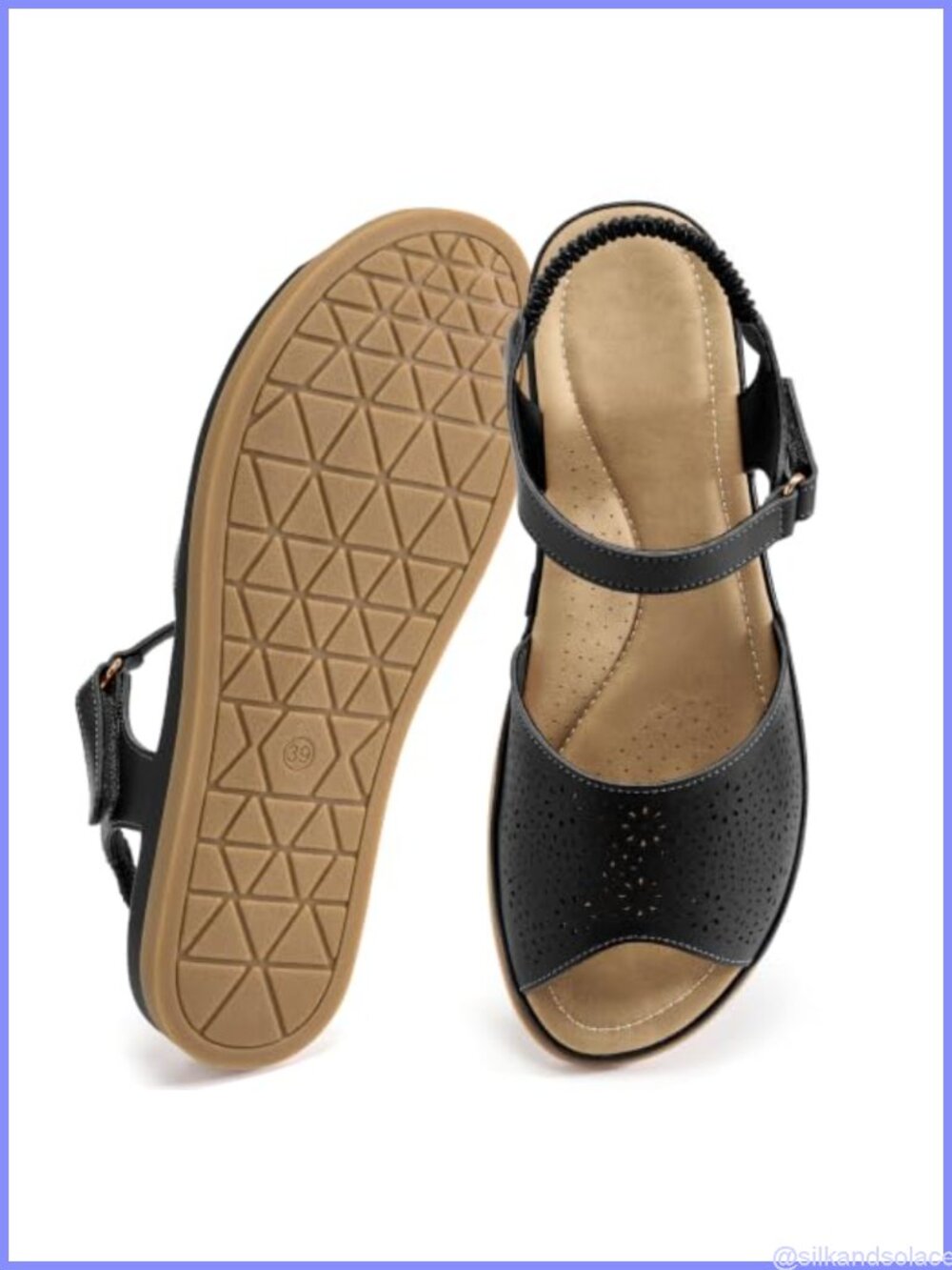 Faux Leather Peep Toe Flat Sandals Memory Foam Comfort Walking